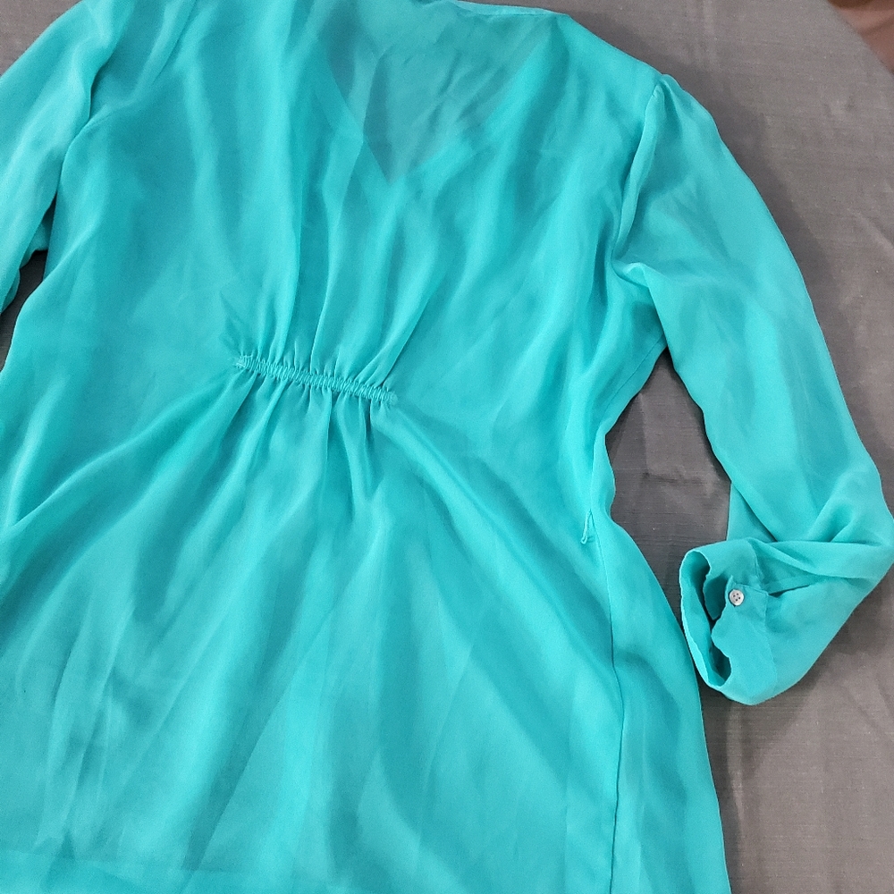 Vanity 2XL Sheer Mint Green Pleated Pintuck Tunic Longsleeved Blouse Top - Picture 9 of 10